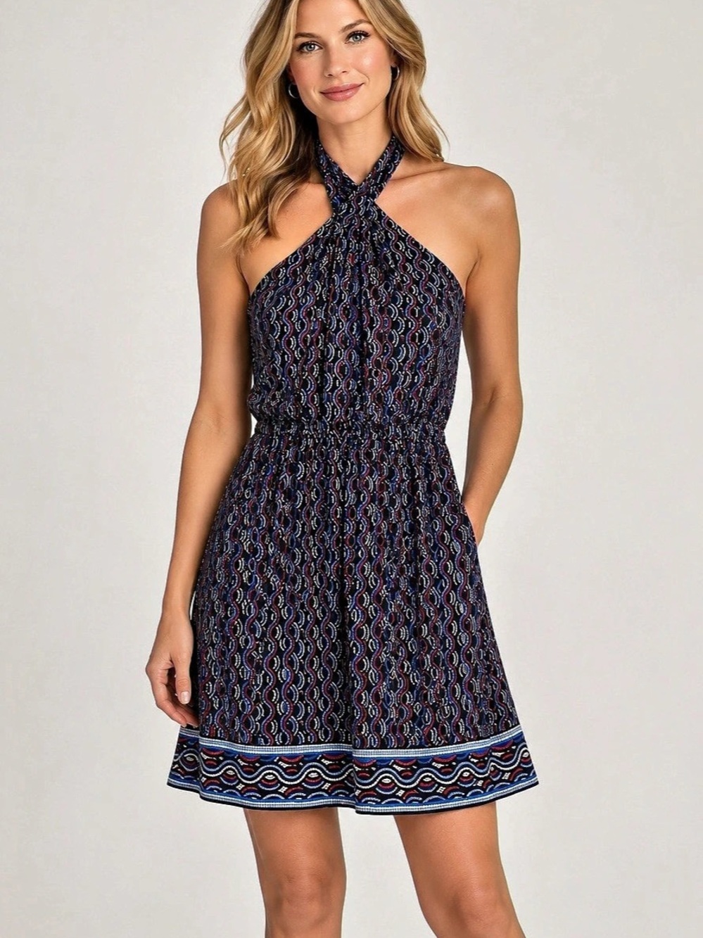 Michael Kors Geometric Halter Mini Dress in Blue & Red Size XS Like New
